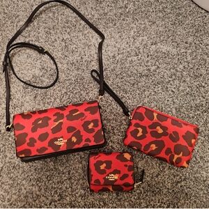 Coach Red and Brown Leopard Print Crossbody Bag Set